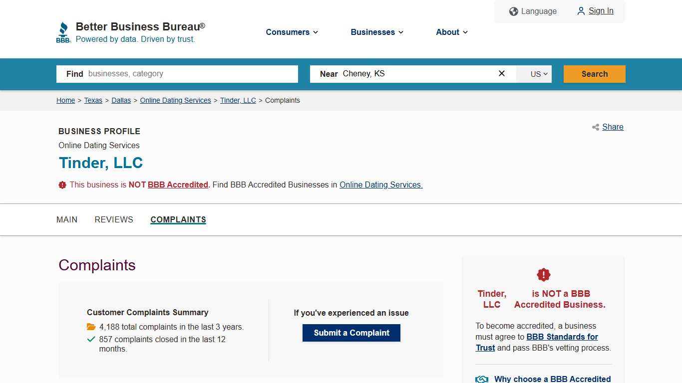 Tinder, LLC BBB Complaints Better Business Bureau